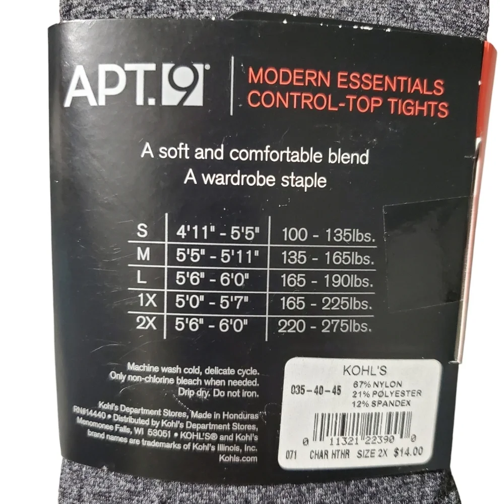 Apt.9 Control Top Tights Womens 2X Heather Gray Modern Essentials Pantyhoses